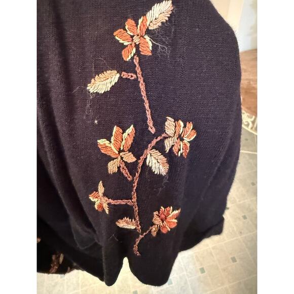 Vintage 90's BonWorth Sweater Cardigan Women's M Black w/Embroidered Flowers - Picture 4 of 6